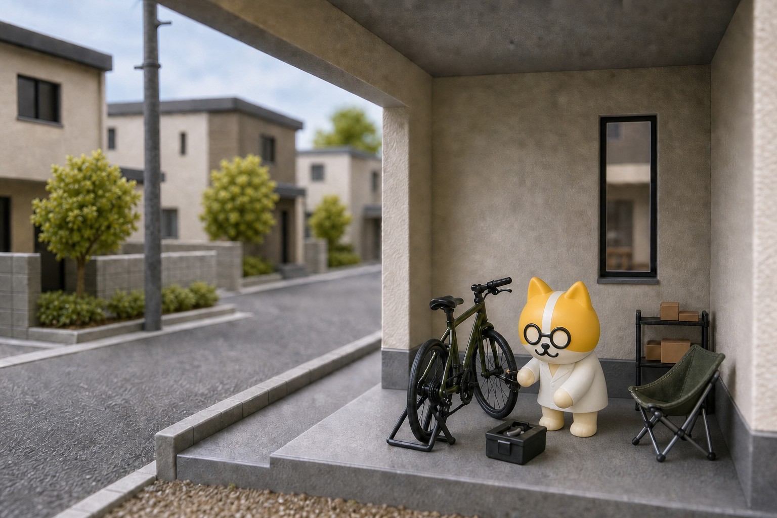 車が出ているガレージで、自転車の手入れをするネコ所長