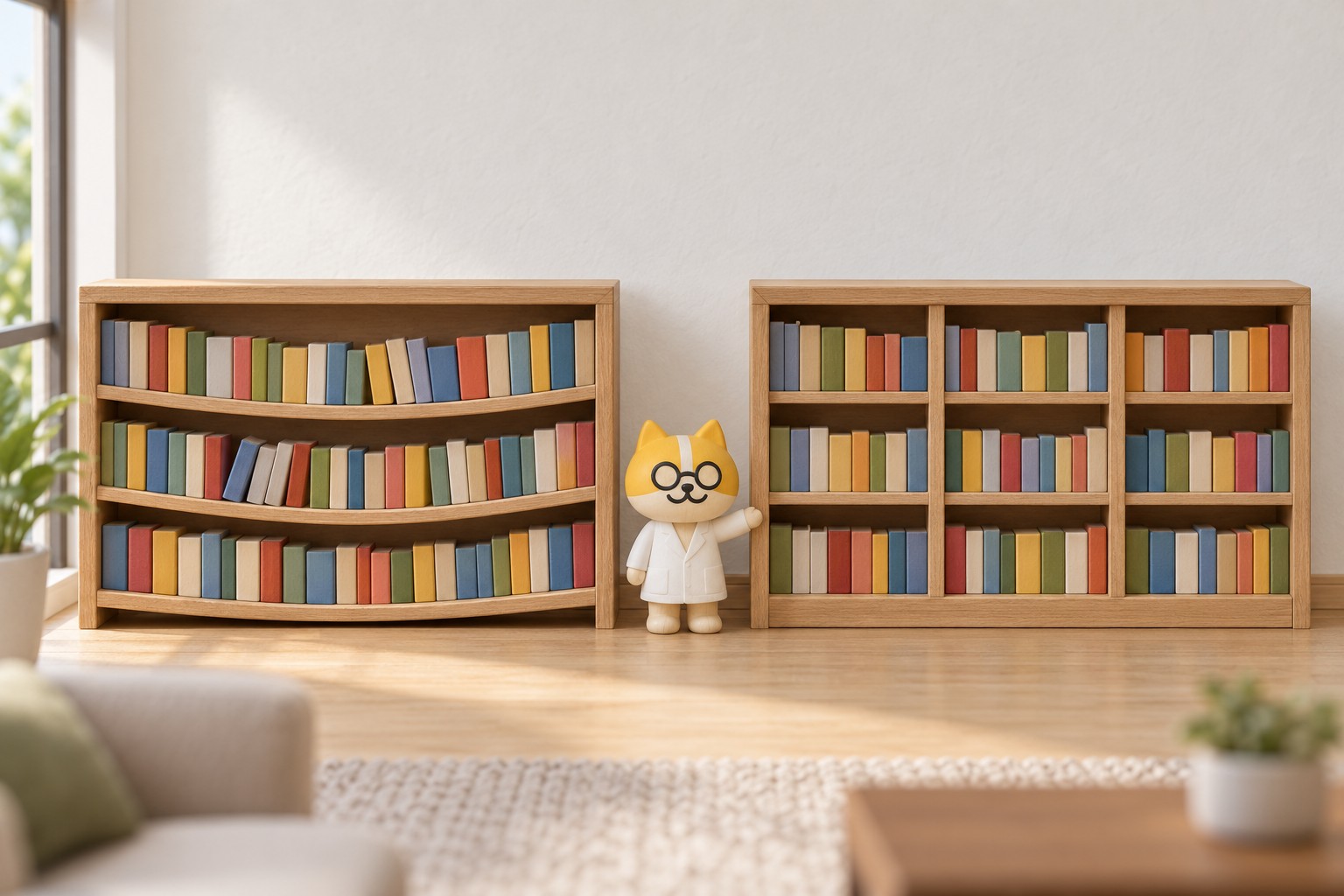 仕切りがなくたわんだ棚と、仕切りを入れてまっすぐな棚を並べた様子