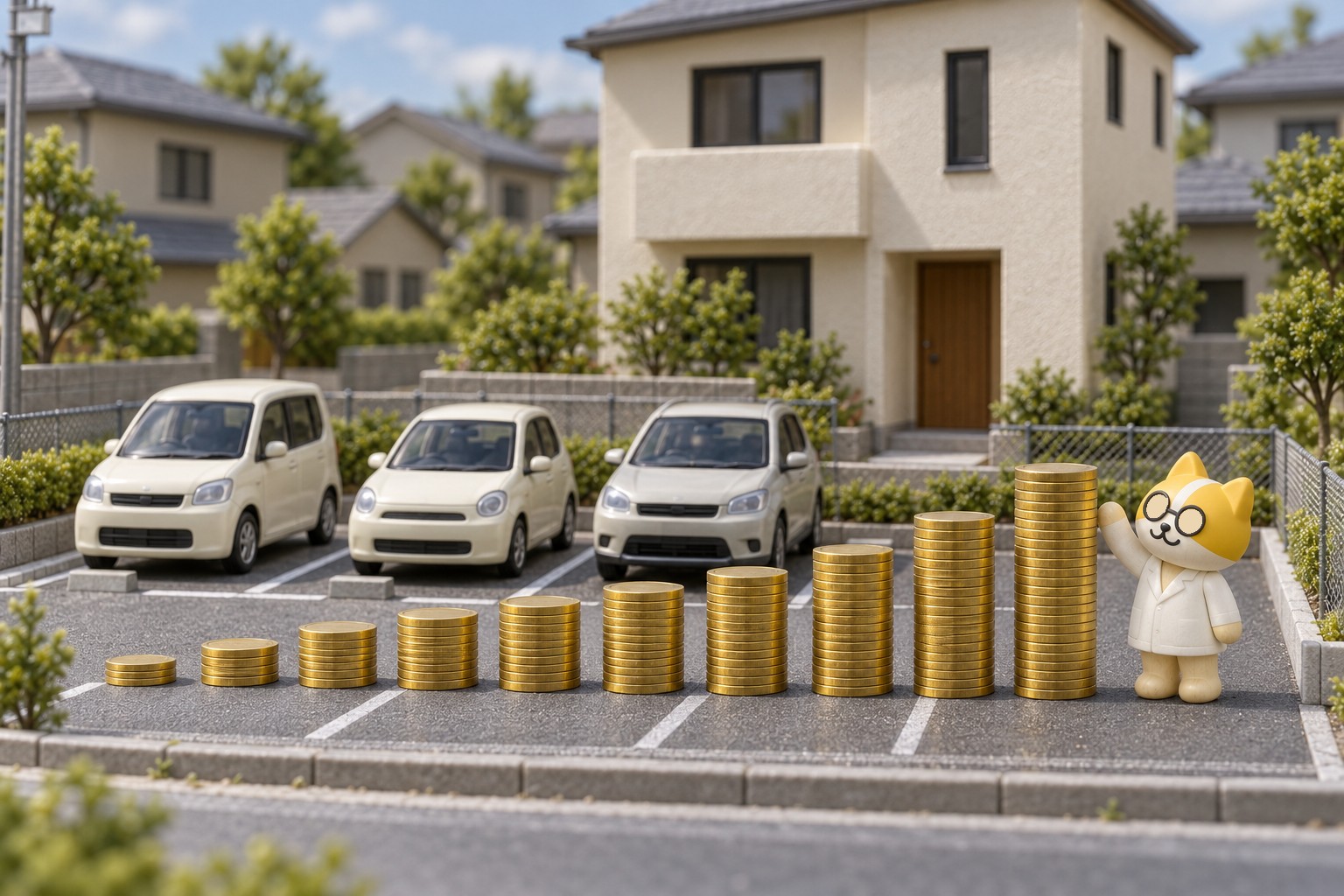 月極駐車場の前に、1年ごとに積み上がっていく硬貨の山